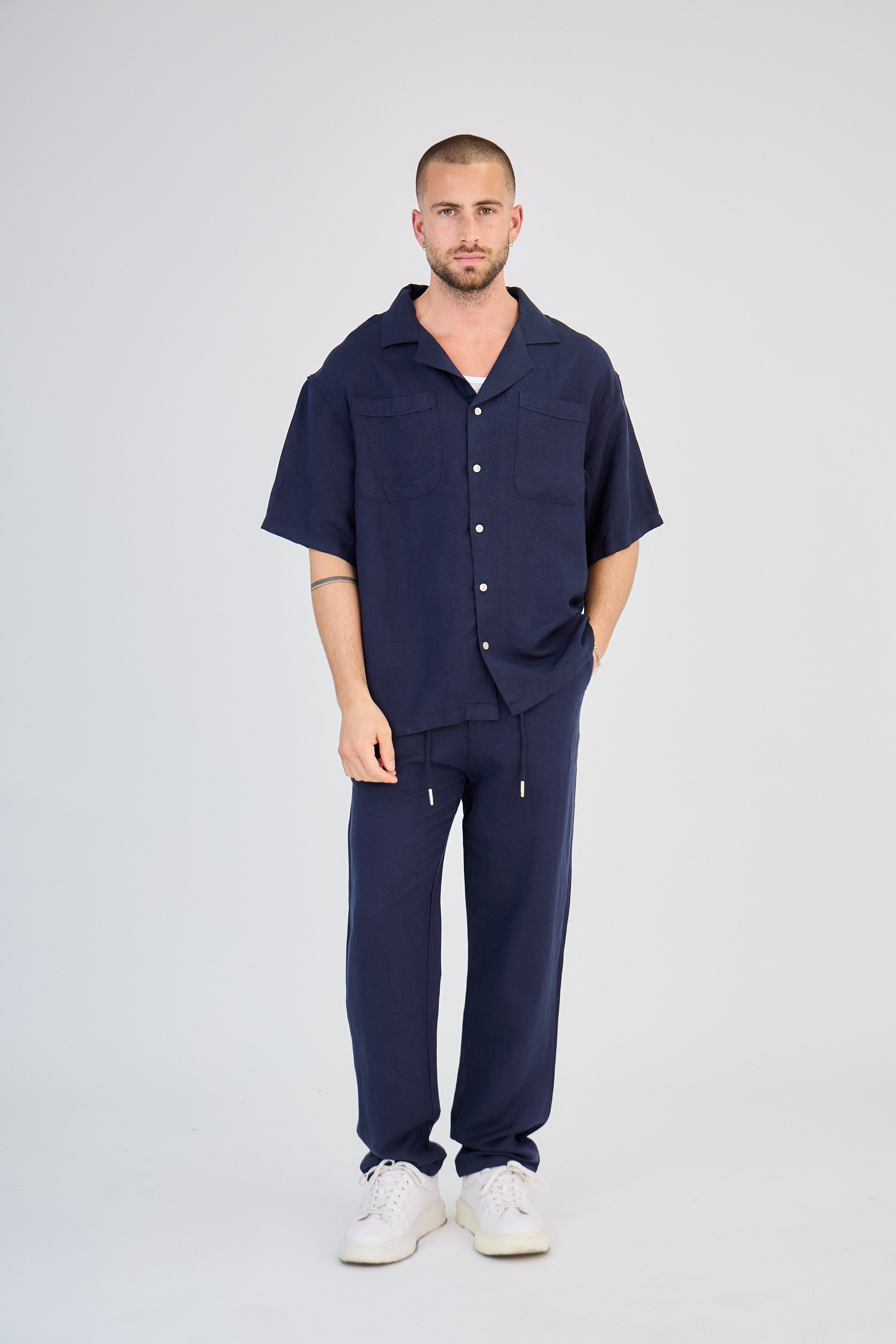 Chemise en Lin Manches Courtes Bleu Marine