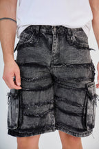 Black Washed Cargo Jean Shorts