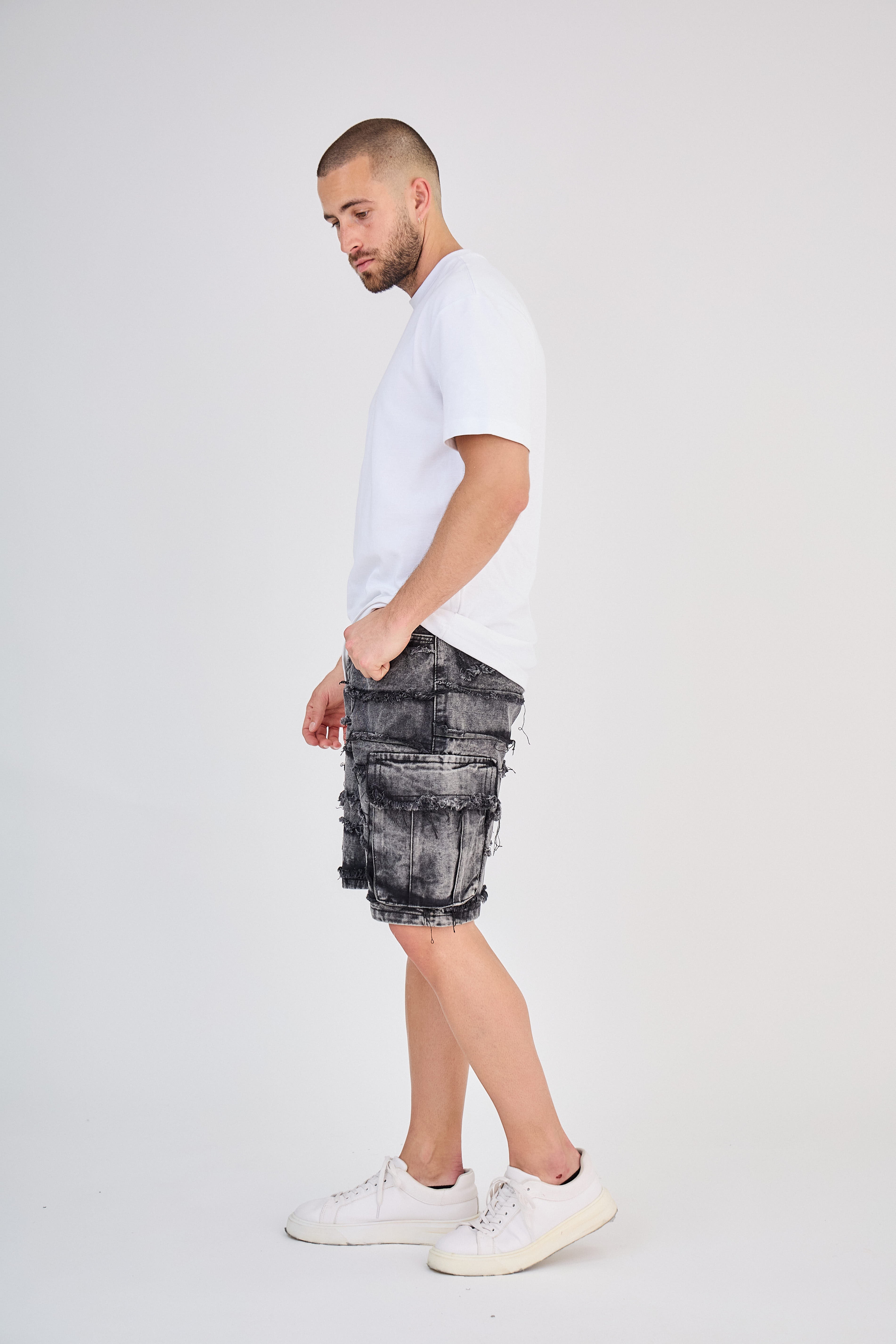Short Jean Cargo Noir Délavé