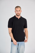 Men's Openwork Knit Polo Shirt - Black