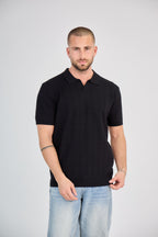 Men's Openwork Knit Polo Shirt - Black