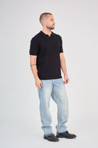 Men's Openwork Knit Polo Shirt - Black