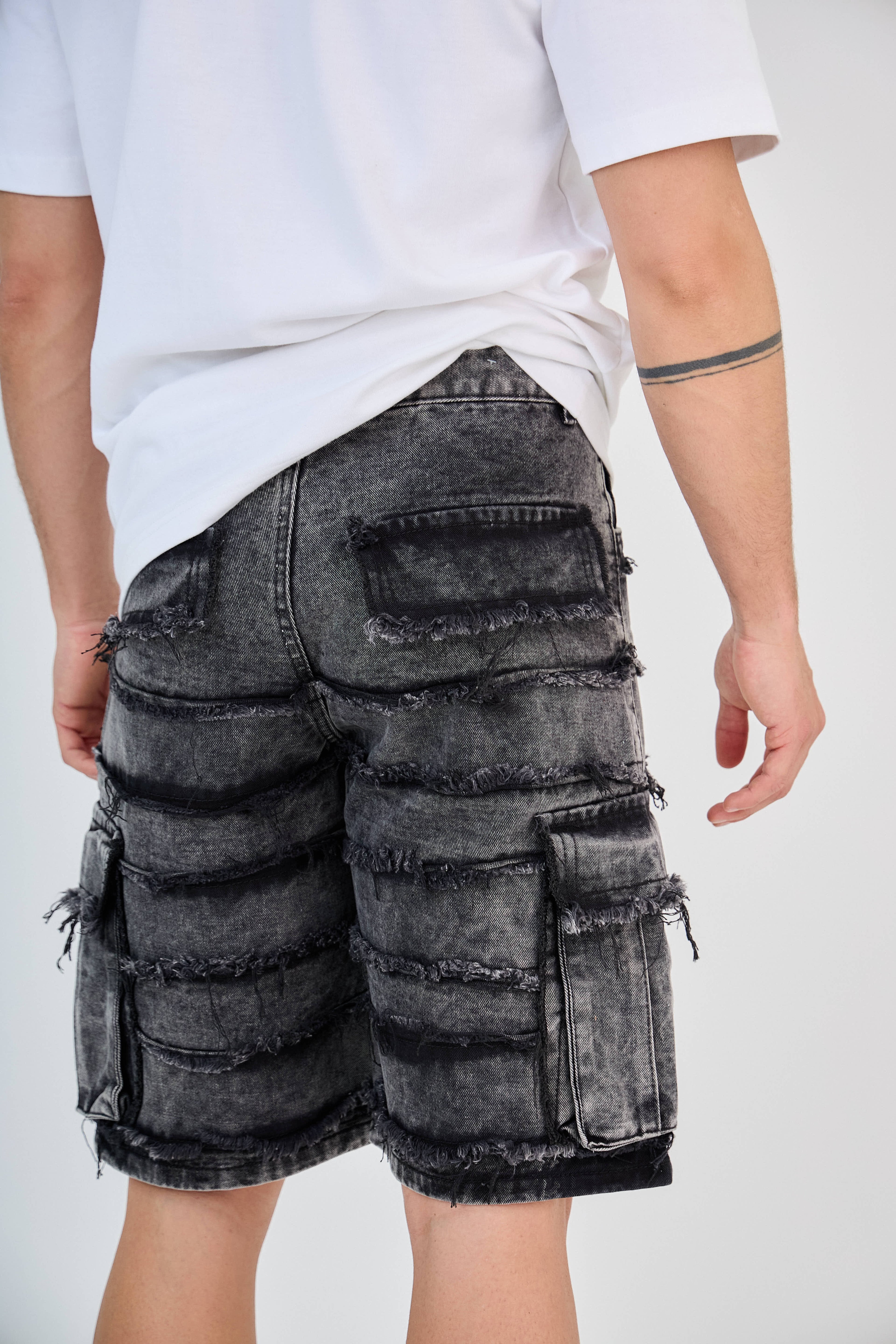 Short Jean Cargo Noir Délavé