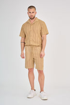 Striped Shirt &amp; Shorts Set - Taupe