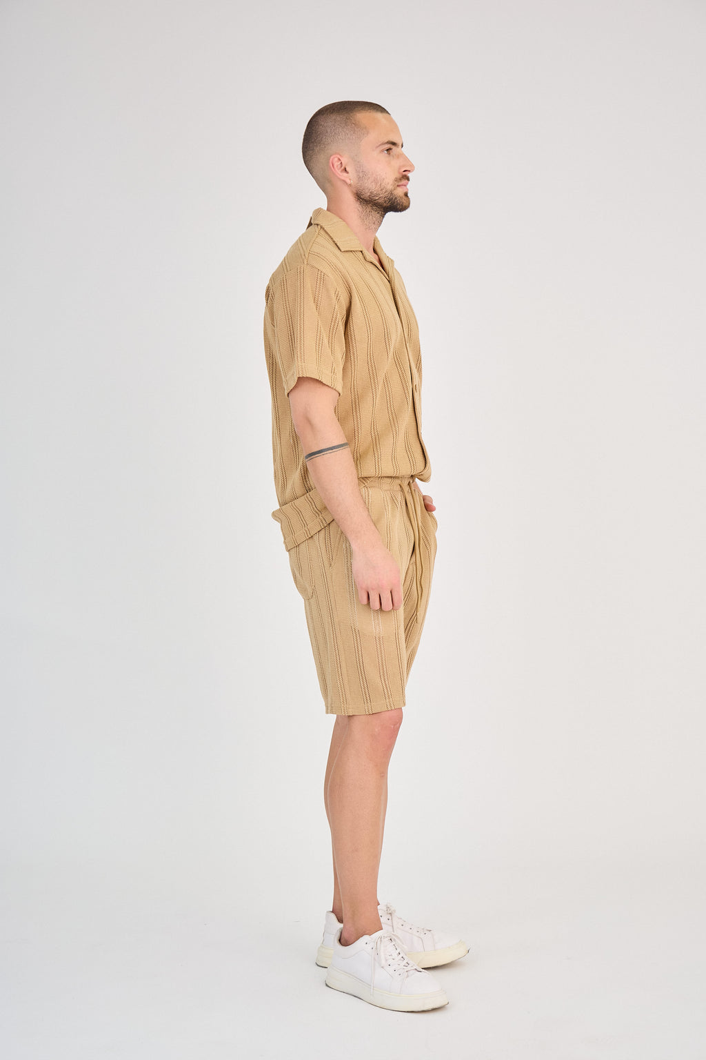 Striped Shirt &amp; Shorts Set - Taupe