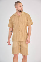Striped Shirt &amp; Shorts Set - Taupe