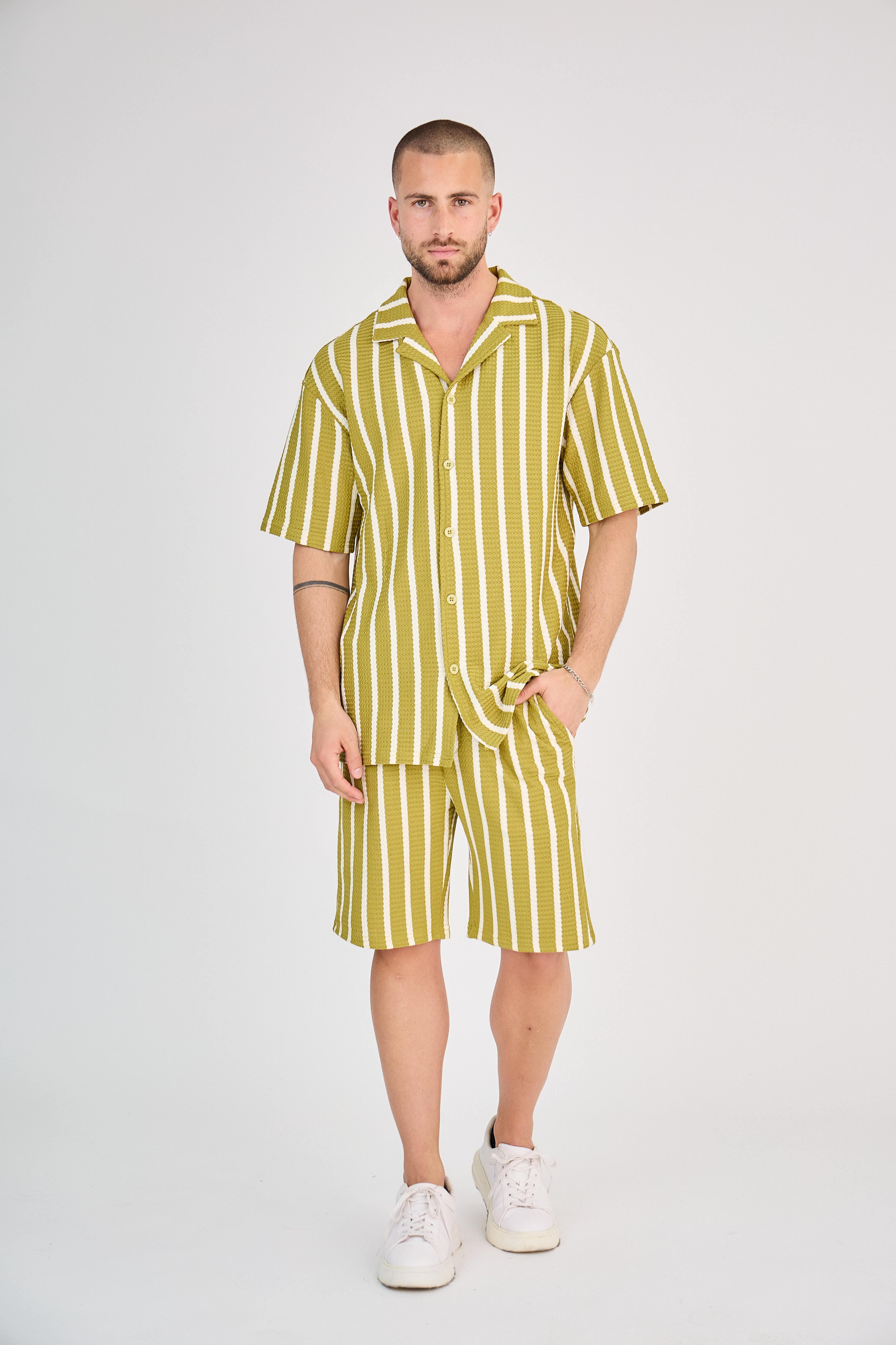 Striped Shirt and Shorts Set - Brown