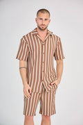 Striped Shirt and Shorts Set - Brown