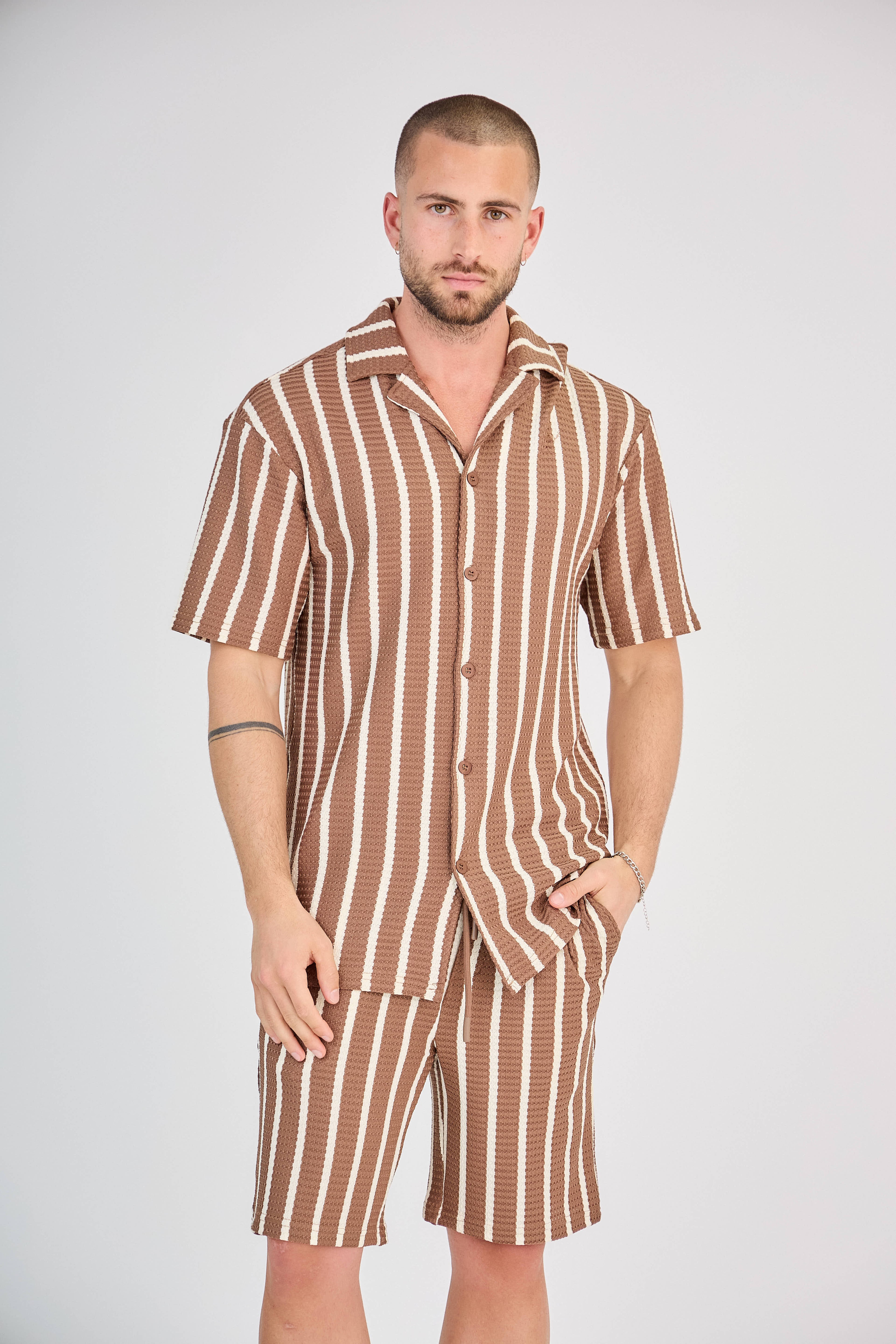 Striped Shirt and Shorts Set - Brown