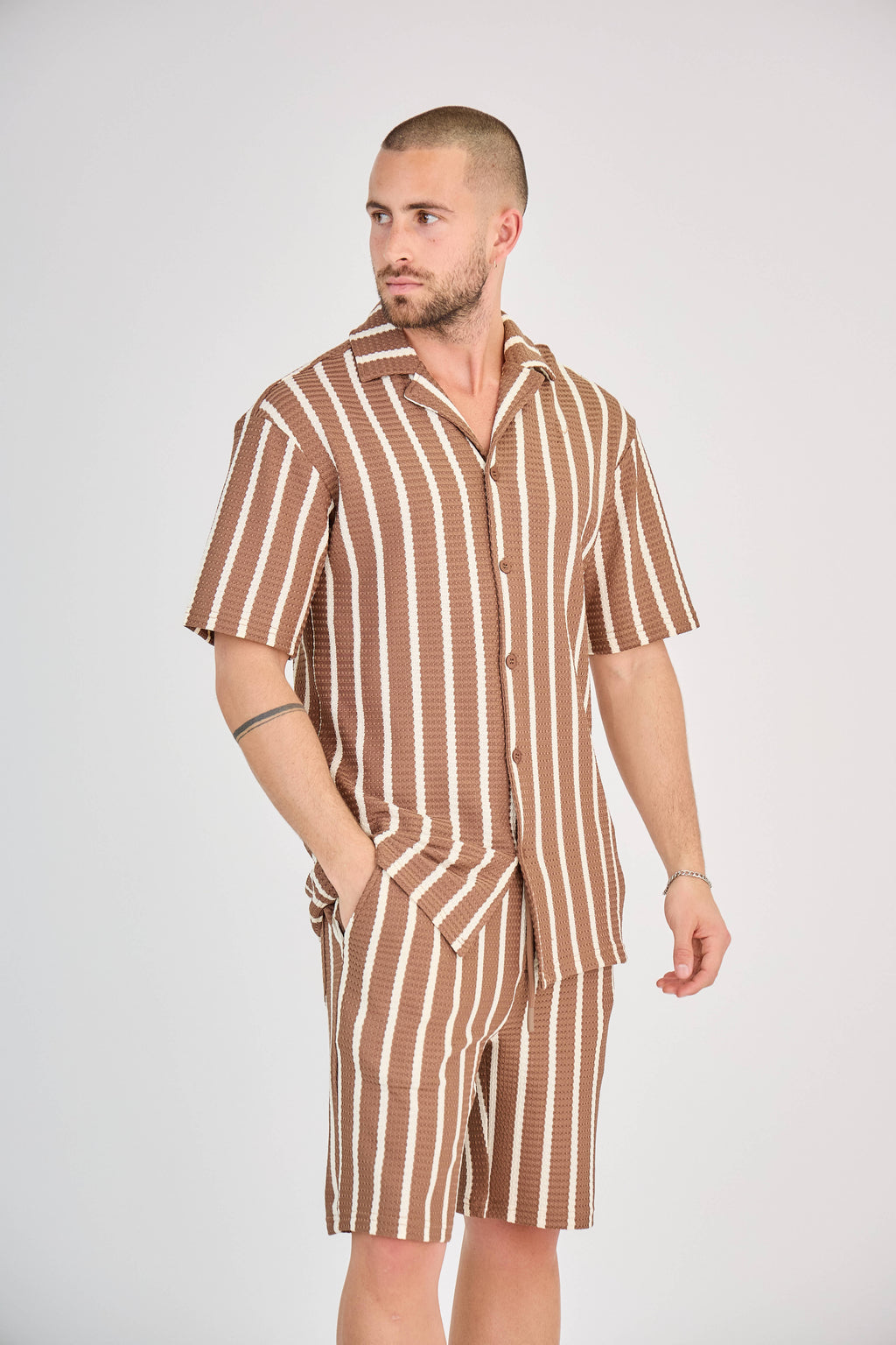 Striped Shirt and Shorts Set - Brown