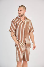 Striped Shirt and Shorts Set - Brown