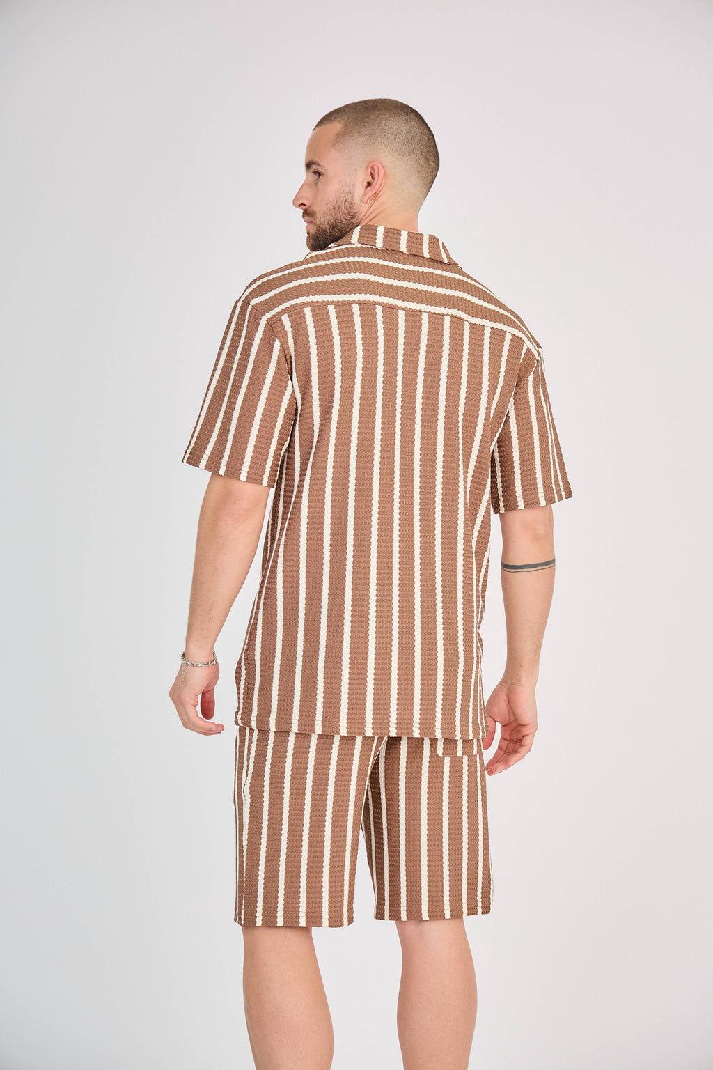 Striped Shirt and Shorts Set - Brown