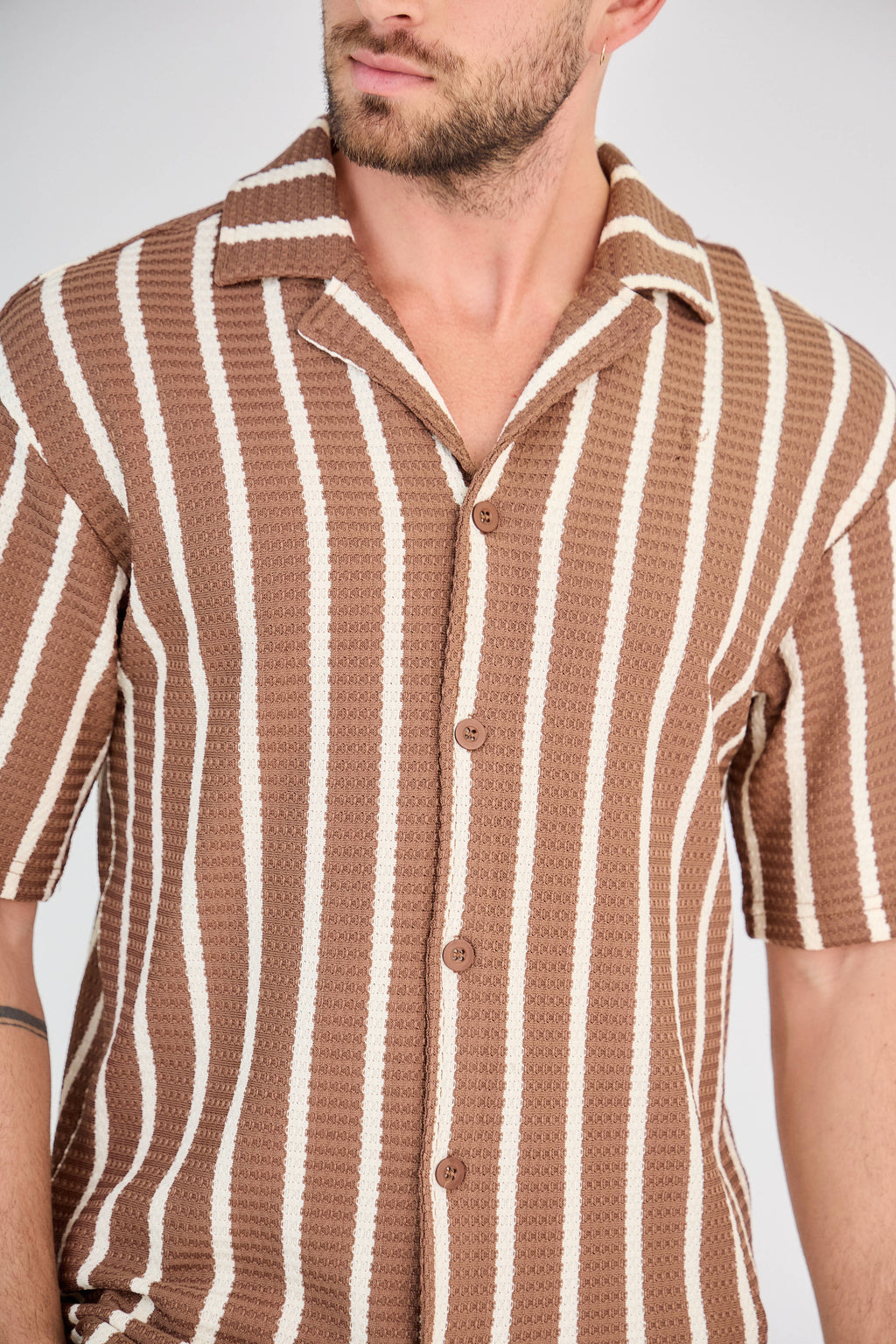Striped Shirt and Shorts Set - Brown