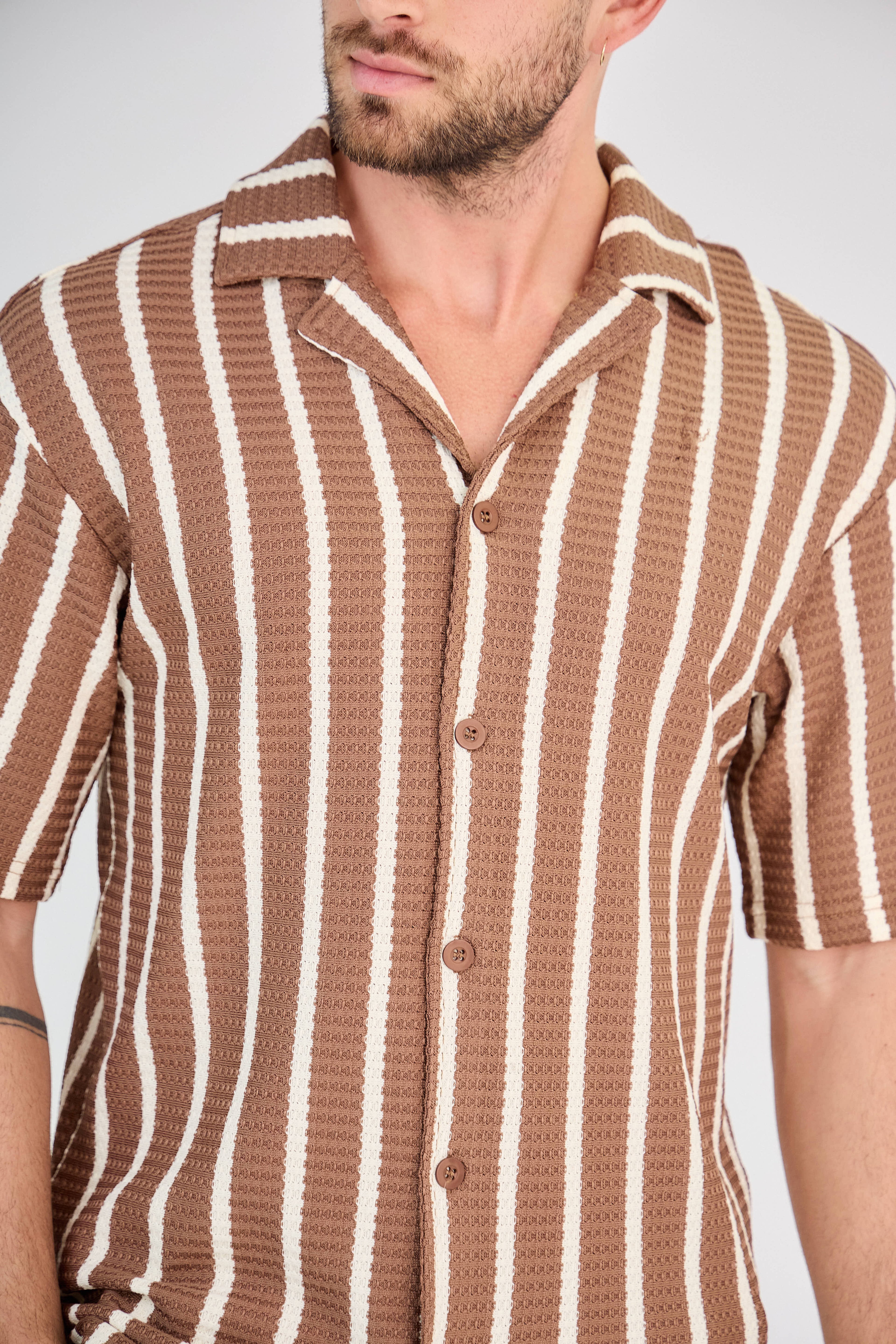 Striped Shirt and Shorts Set - Brown