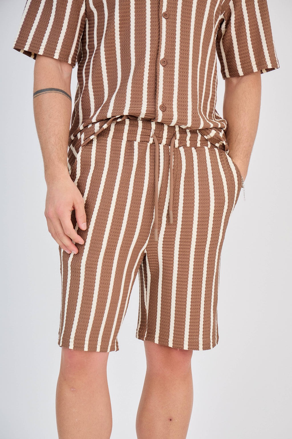 Striped Shirt and Shorts Set - Brown