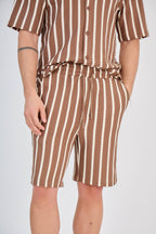 Striped Shirt and Shorts Set - Brown