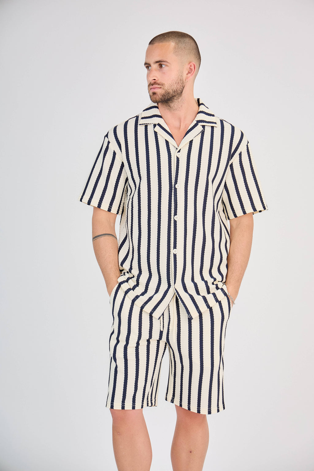 Striped Shirt and Shorts Set - Brown