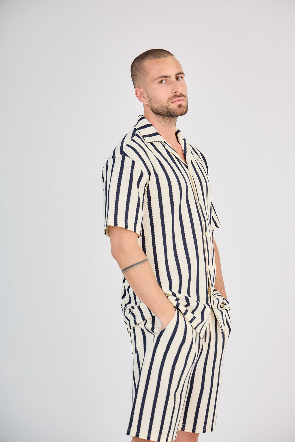 Striped Shirt and Shorts Set - White and Black