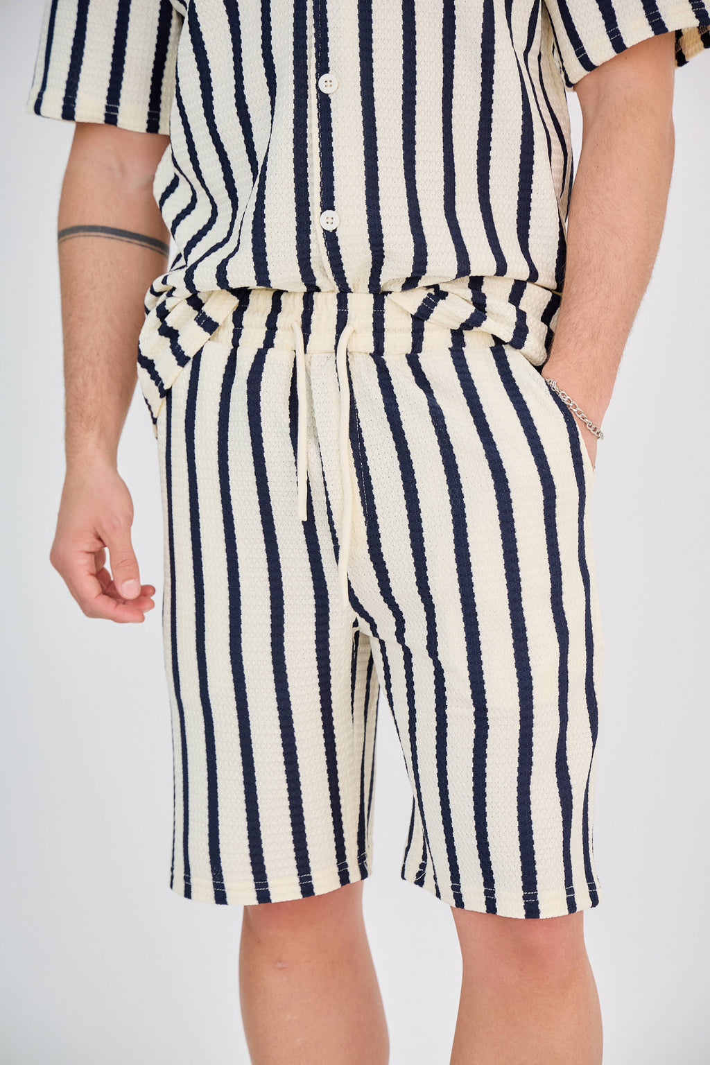Striped Shirt and Shorts Set - White and Black