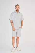 Striped Polo &amp; Shorts Set - Grey