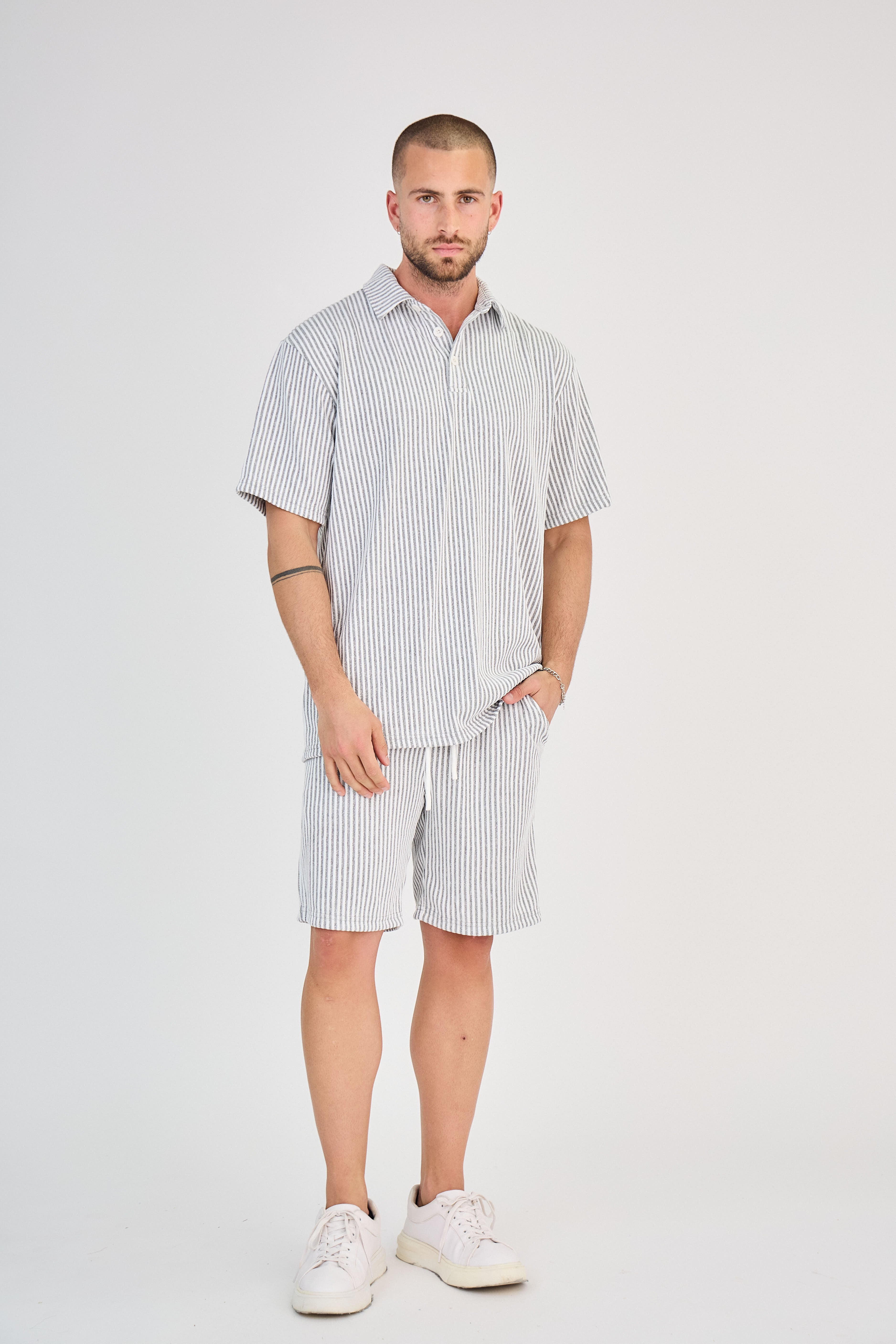 Striped Polo &amp; Shorts Set - Grey