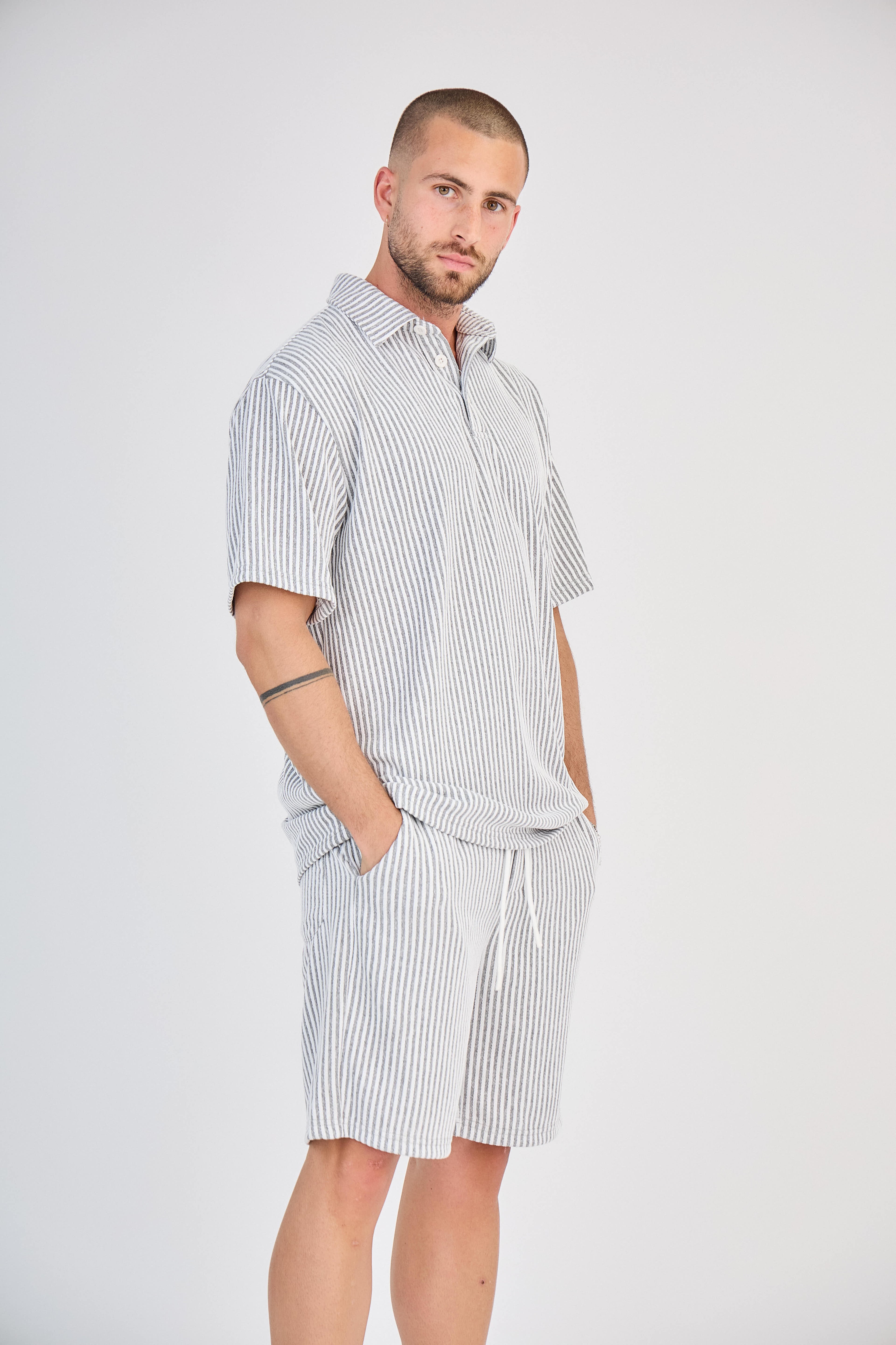 Striped Polo &amp; Shorts Set - Grey