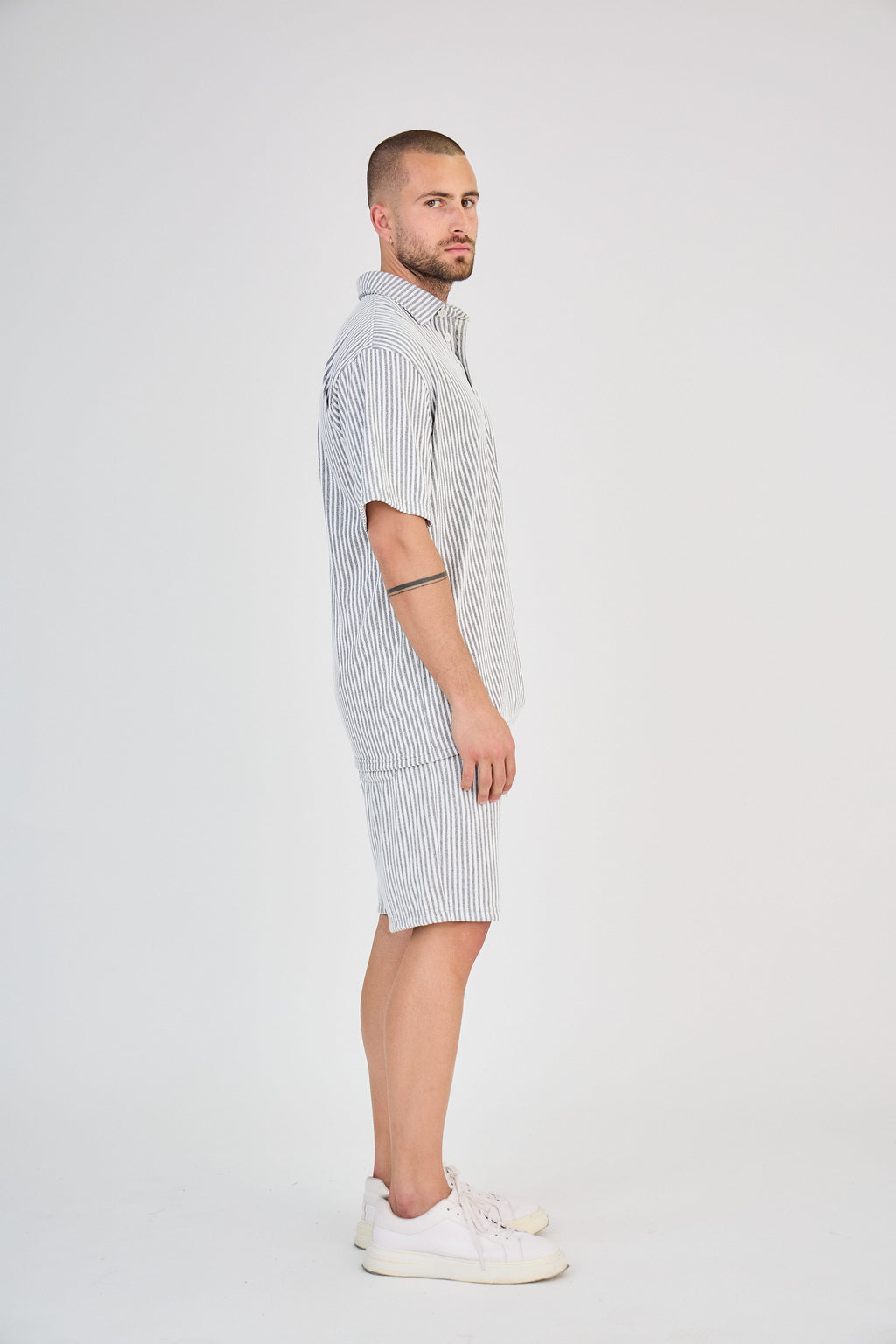 Striped Polo &amp; Shorts Set - Grey