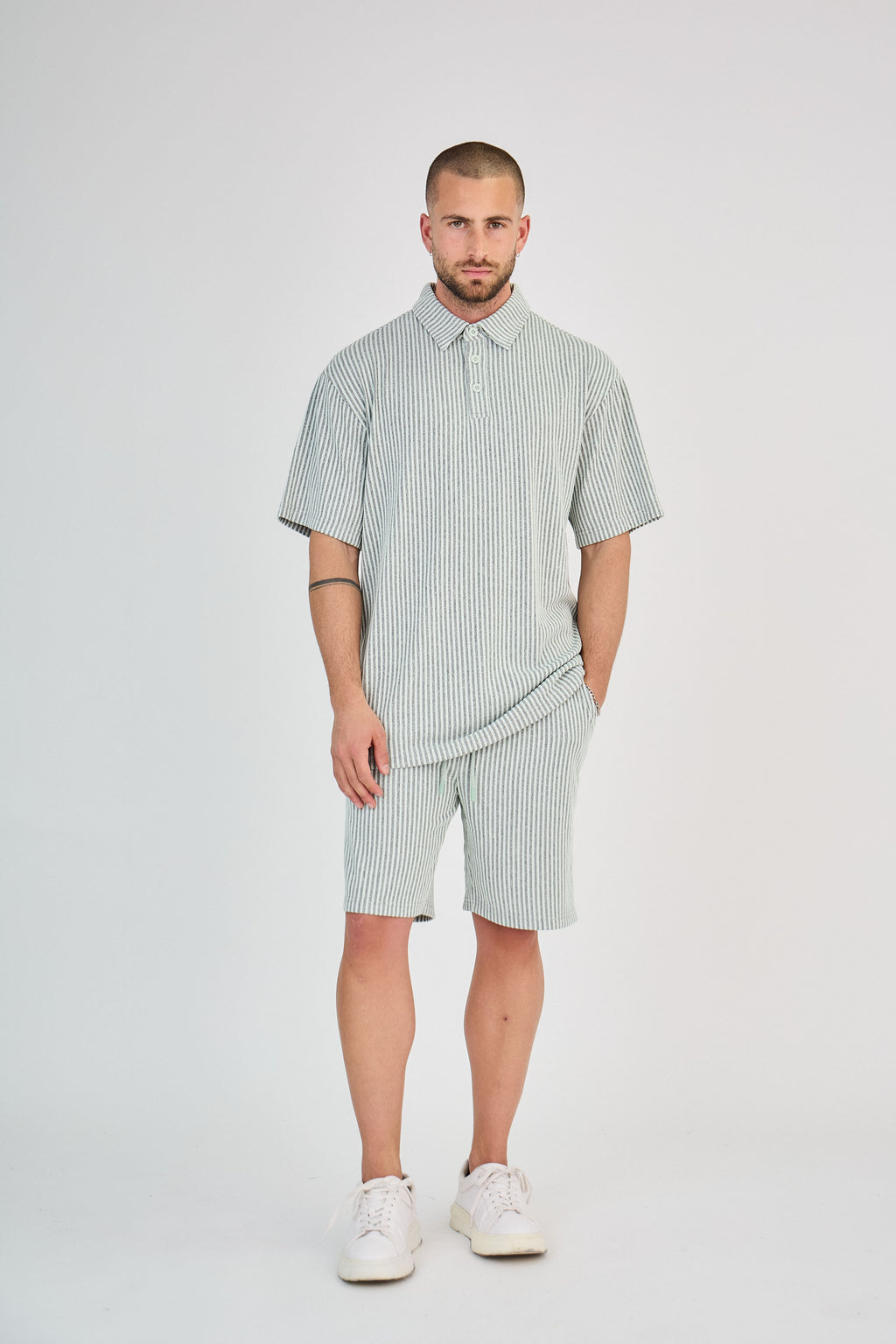 Striped Polo &amp; Shorts Set - Grey