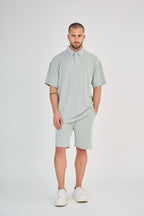 Striped Polo &amp; Shorts Set - Grey