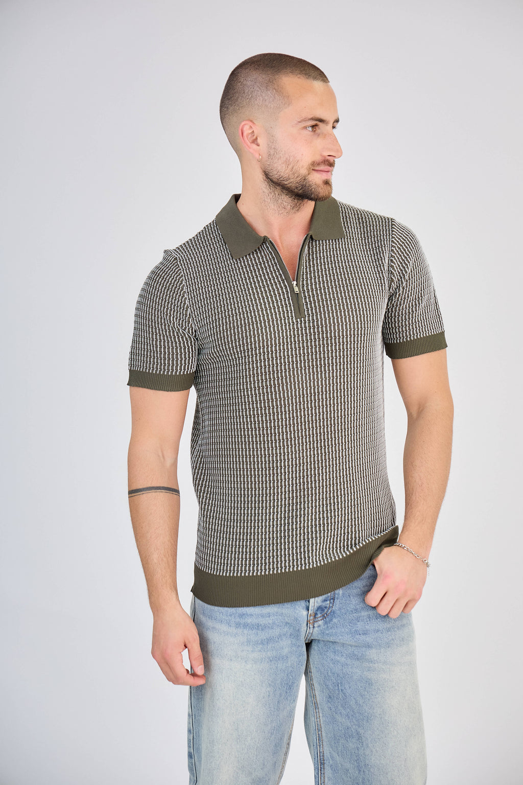 Polo zippé en maille torsadée Vert