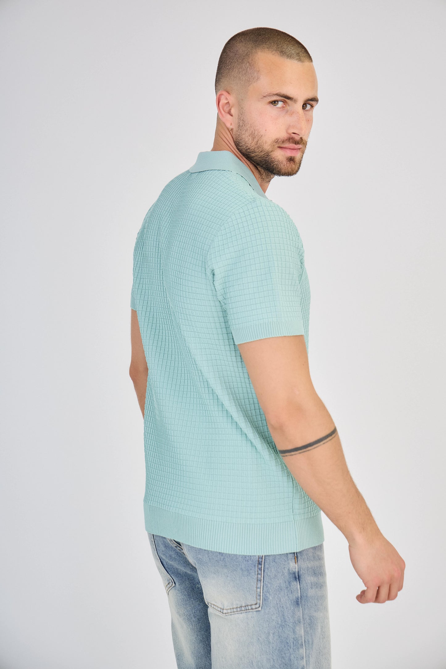 Polo texturé en maille nid d'abeille vert d'eau