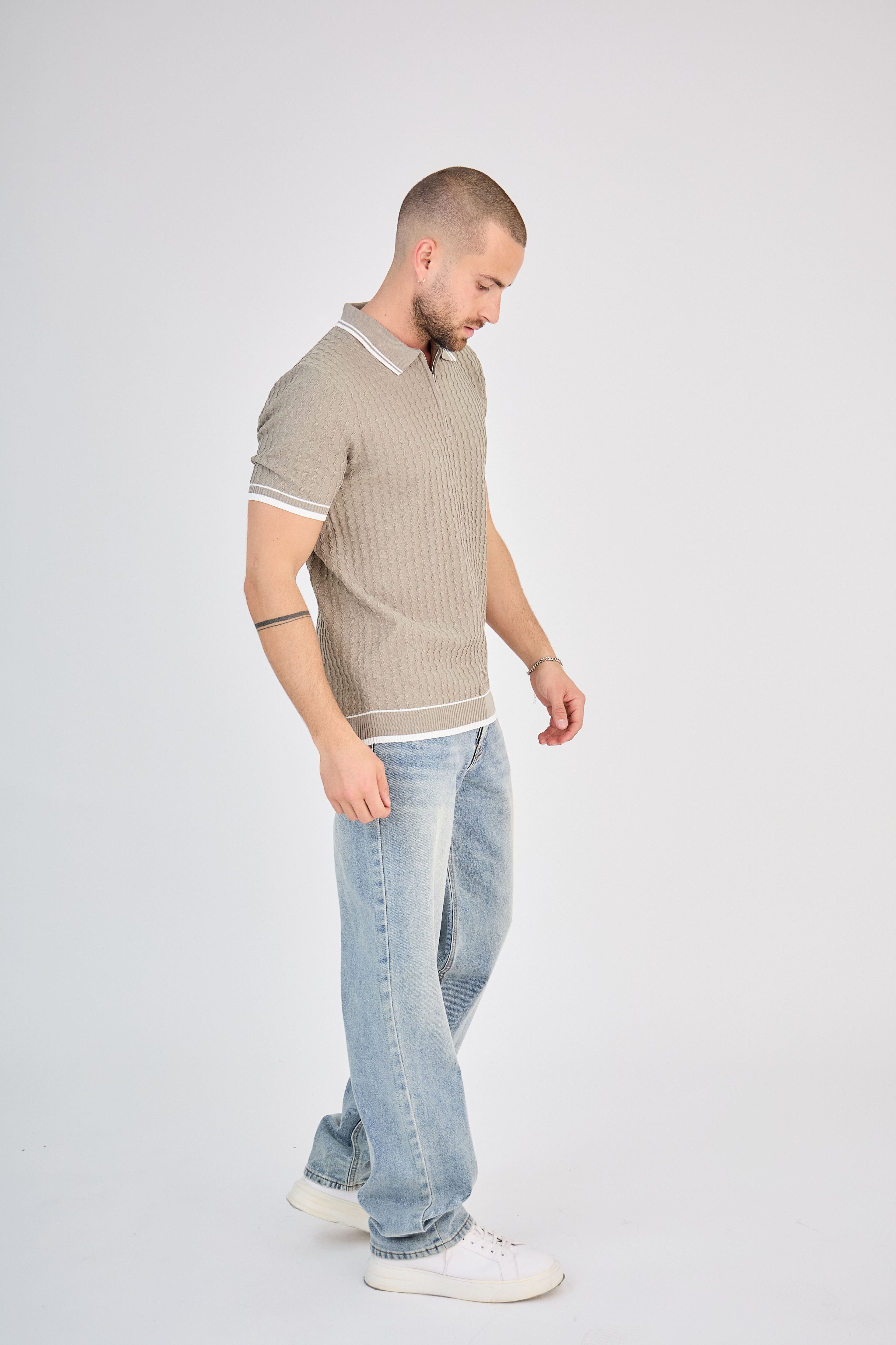 Polo zippé en maille torsadée Taupe