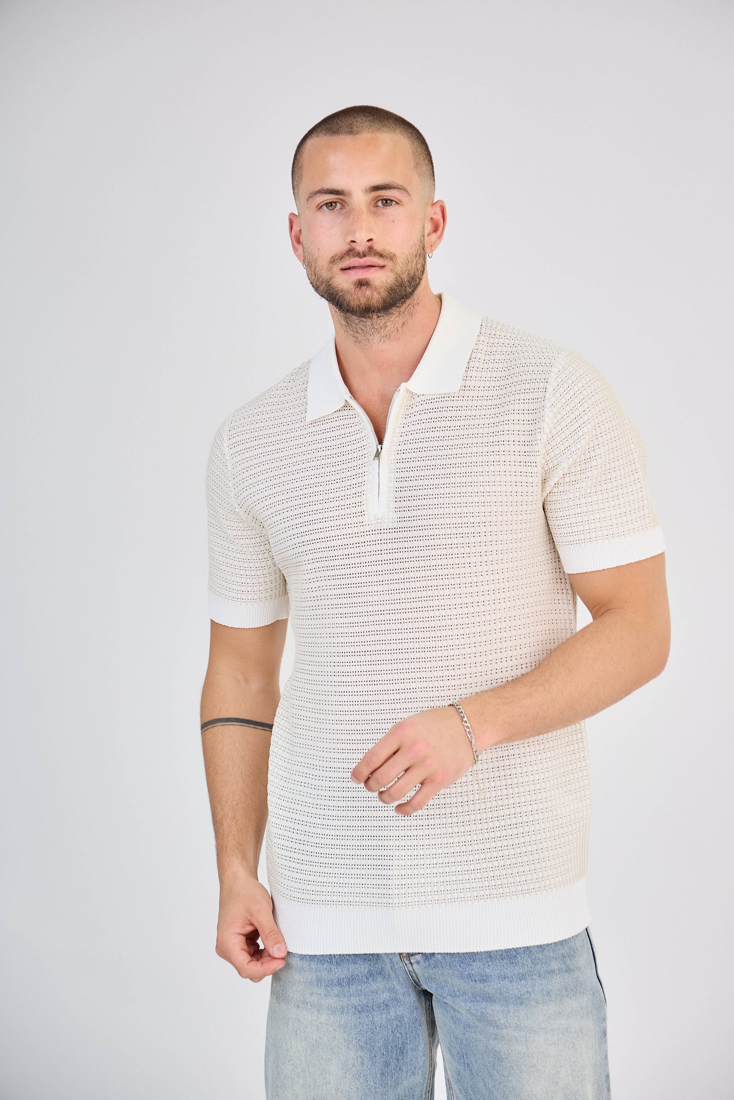 Polo zippé en maille torsadée Blanc