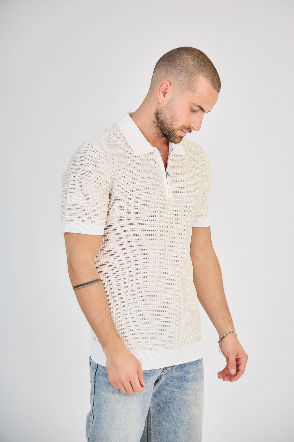 Polo zippé en maille torsadée Blanc