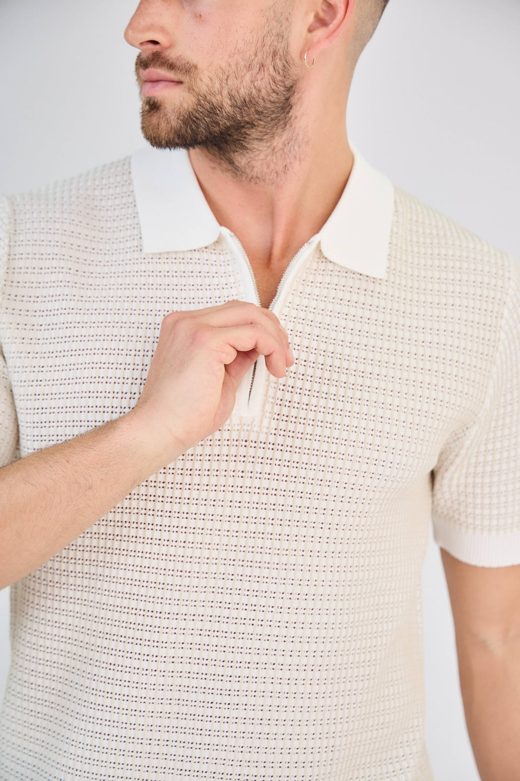 Polo zippé en maille torsadée Blanc