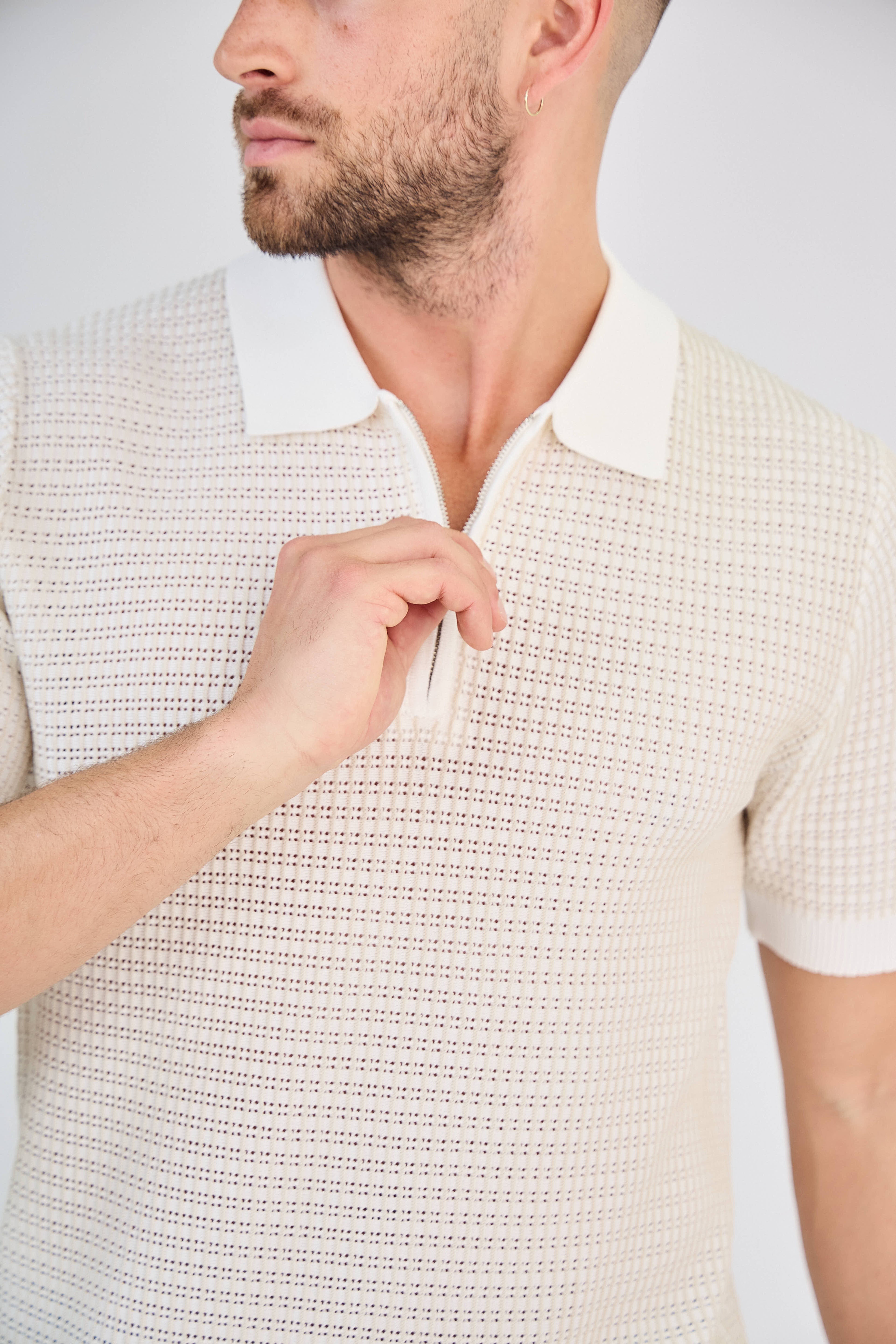 Polo zippé en maille torsadée Blanc