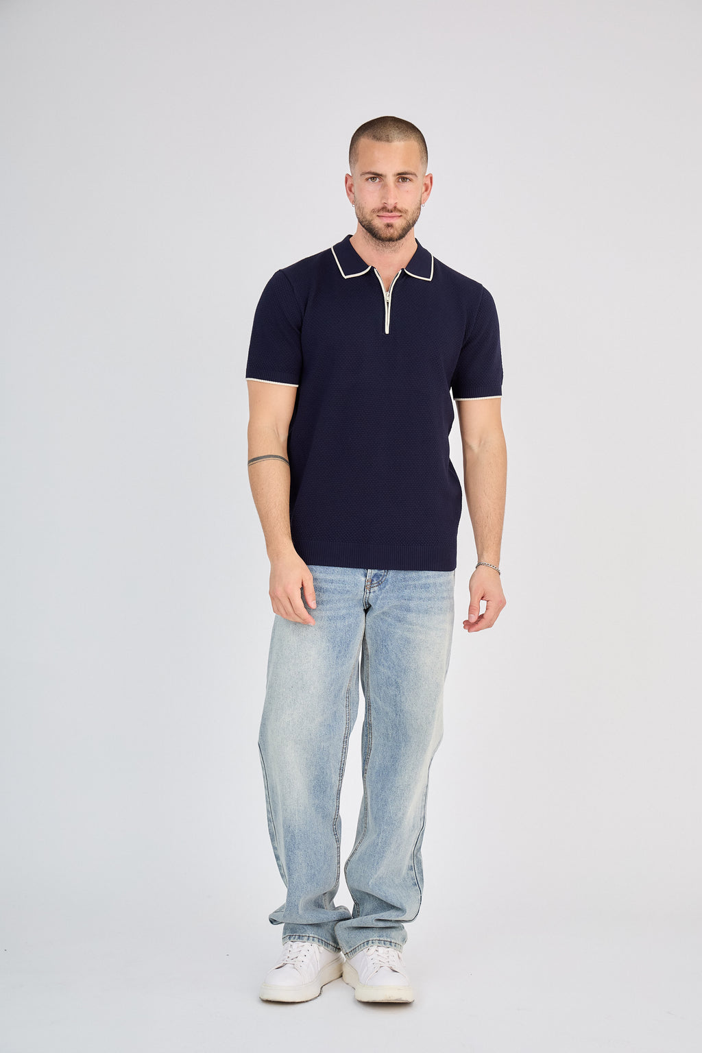 Polo zippé Texturé Blanc