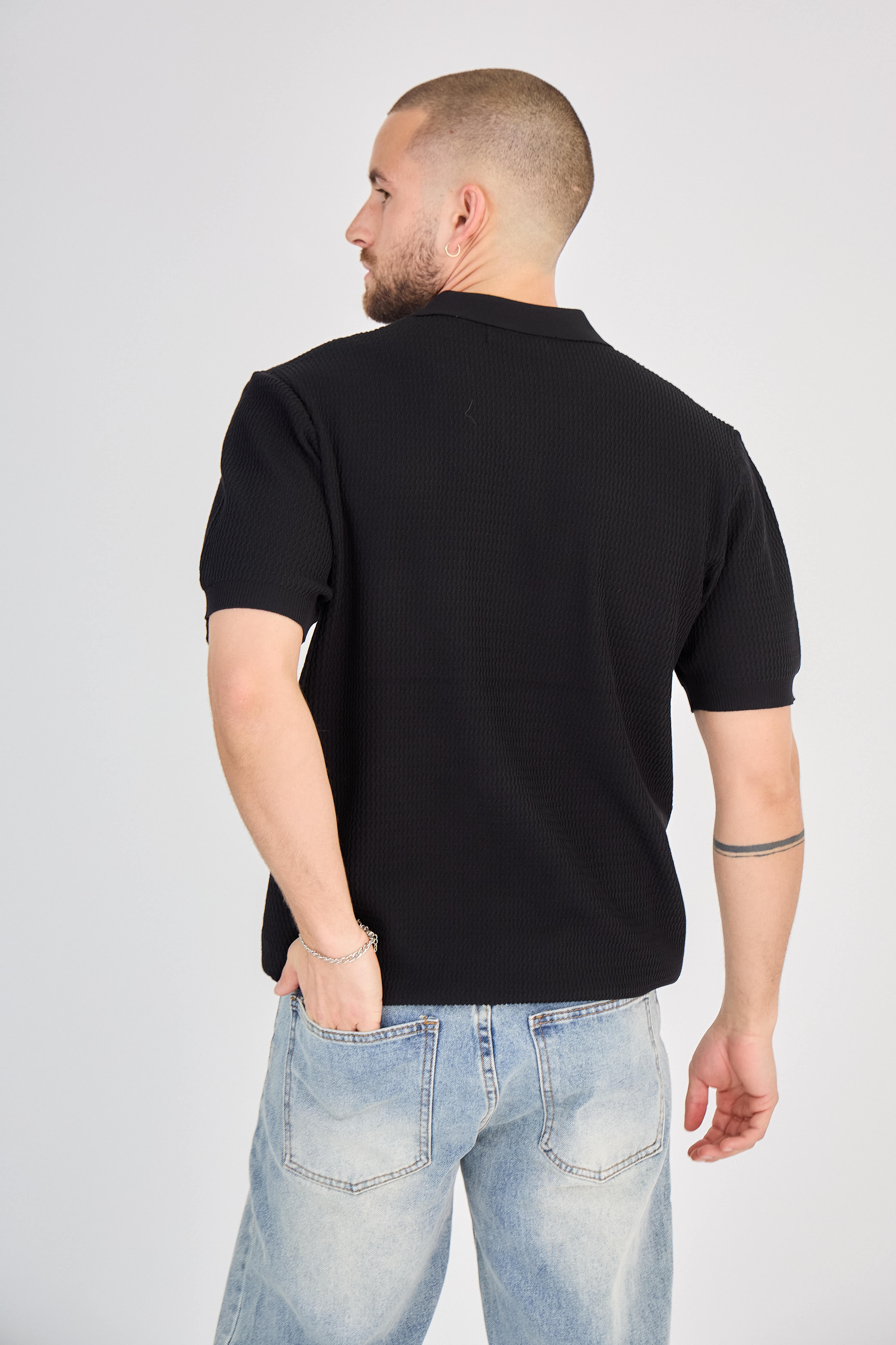 Polo texturé en maille piquée Noir