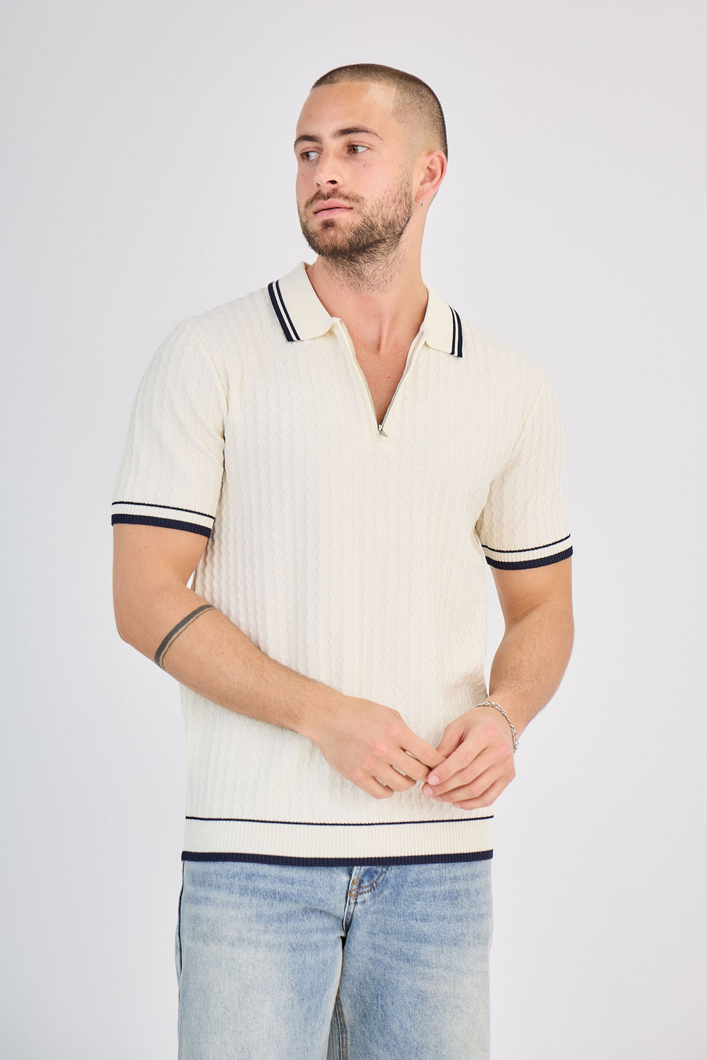 Polo zippé en maille torsadée Blanc