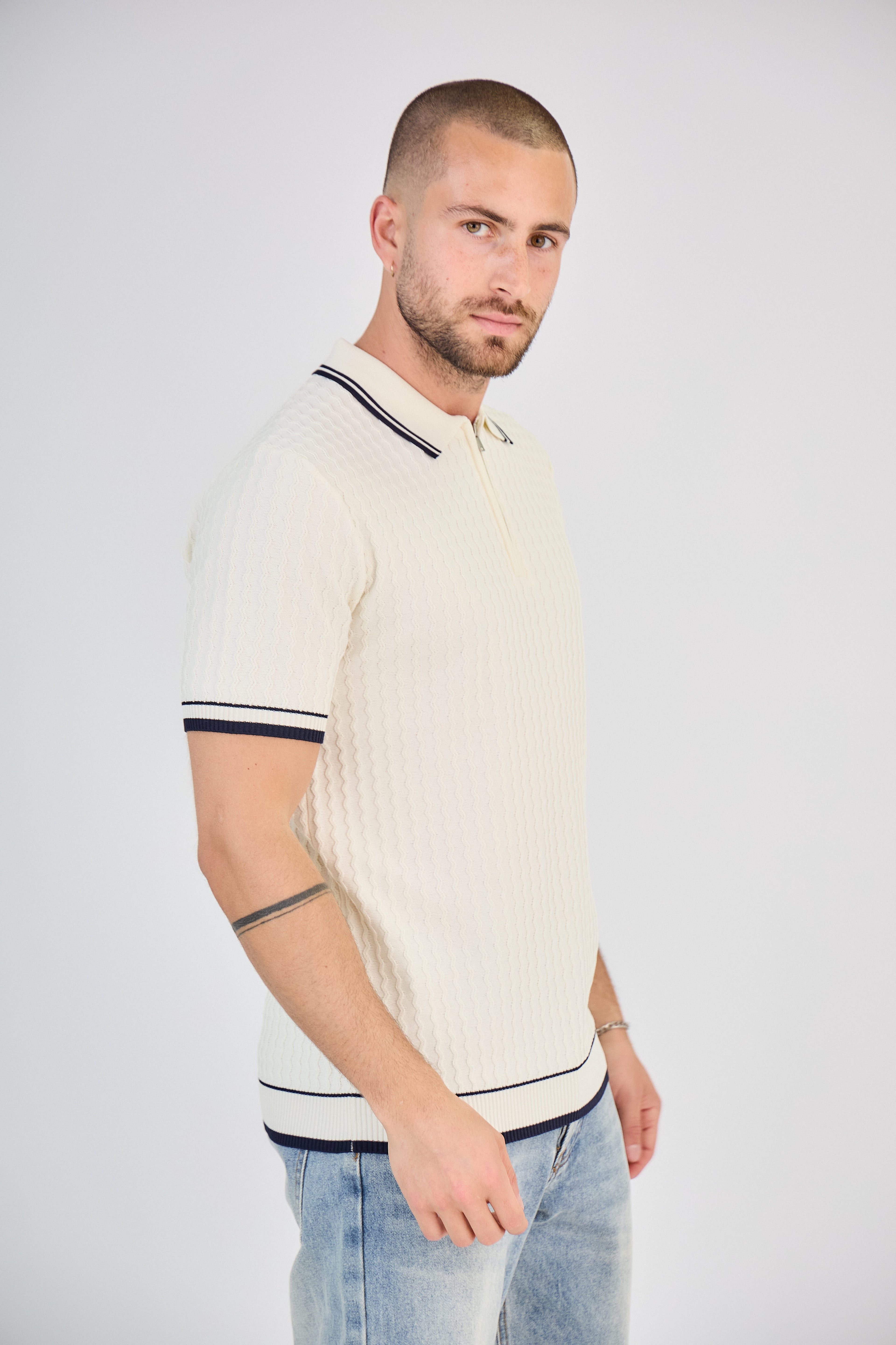 Polo zippé en maille torsadée Blanc
