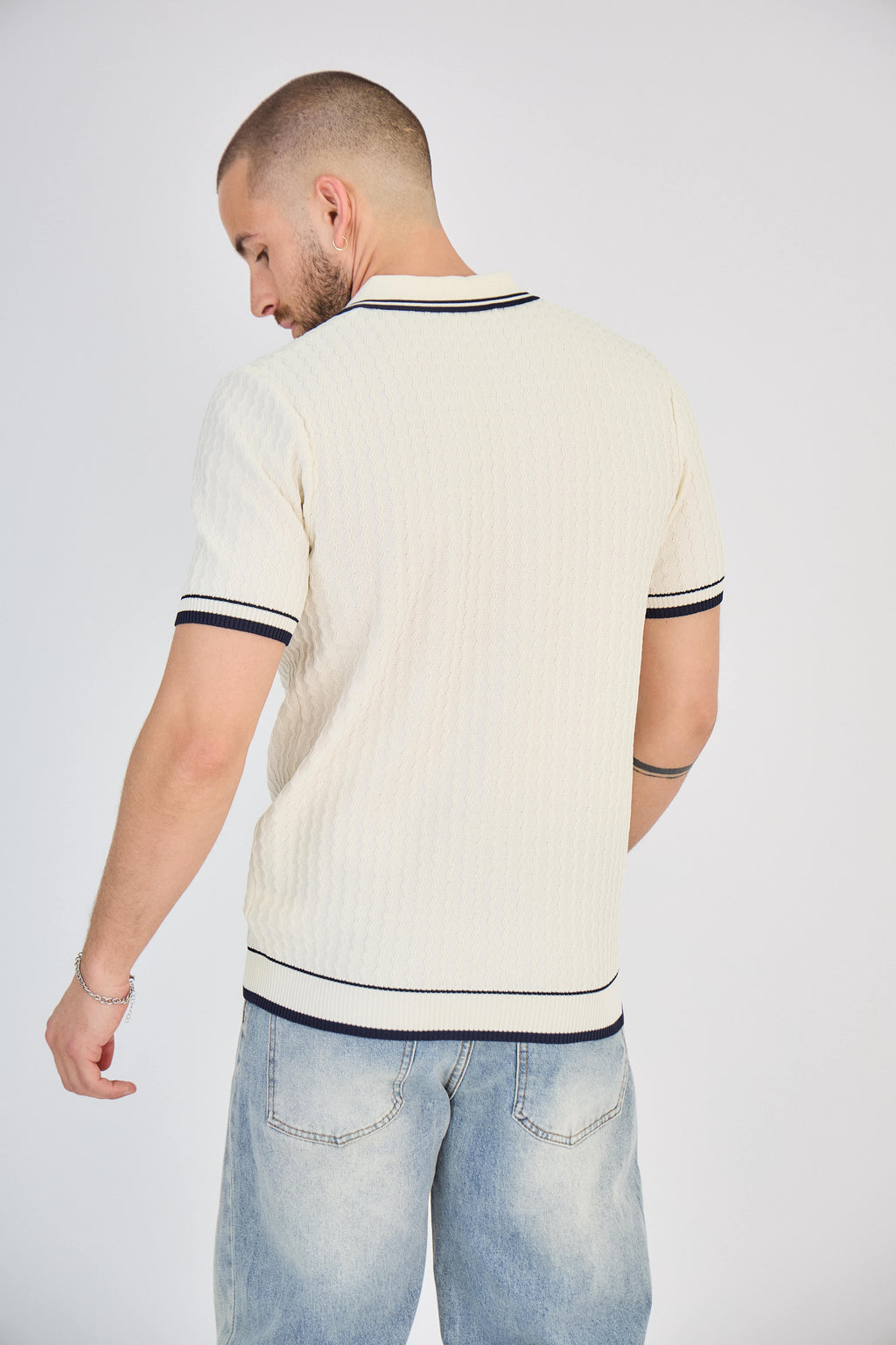 Polo zippé en maille torsadée Blanc