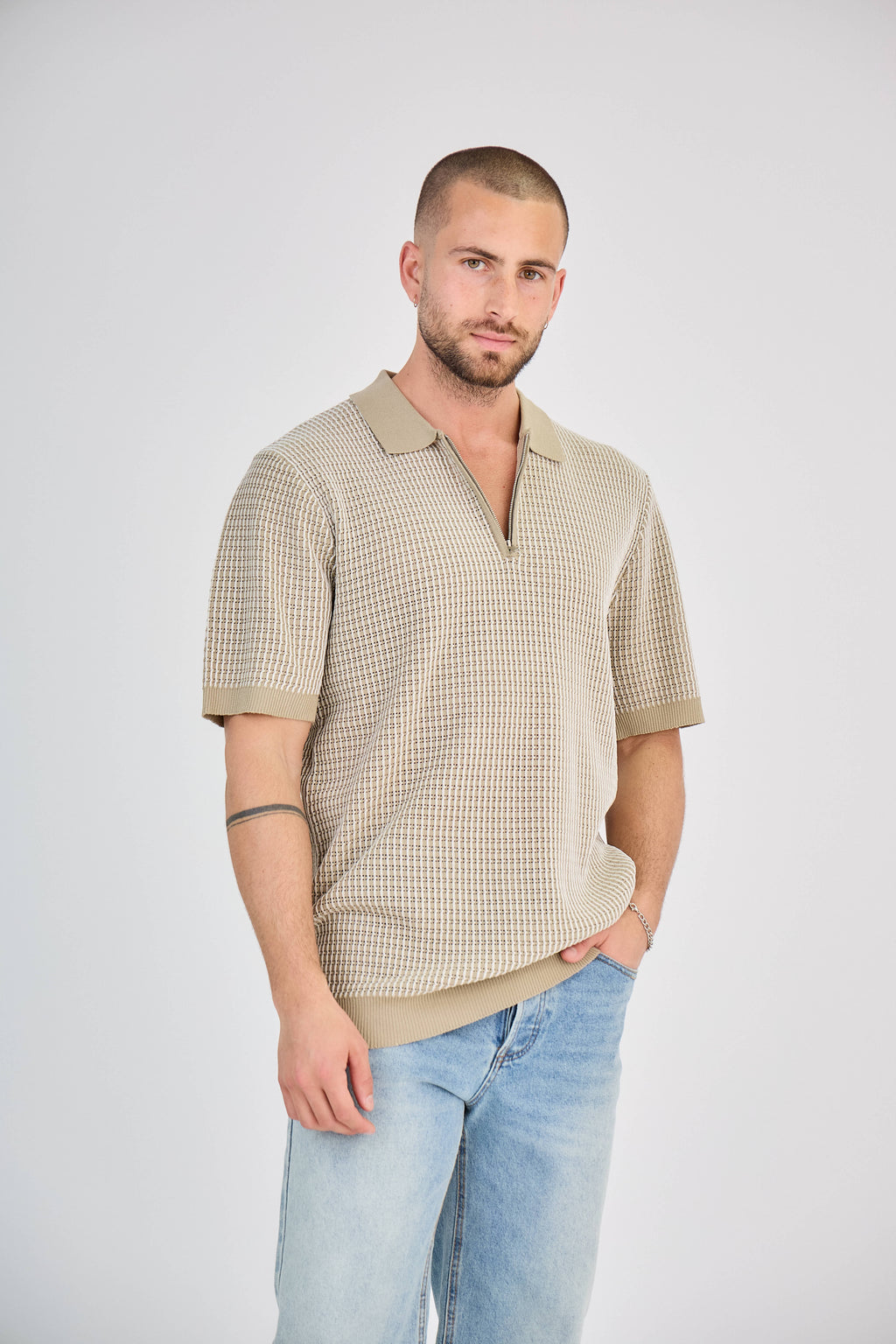 Polo zippé en maille torsadée Vert