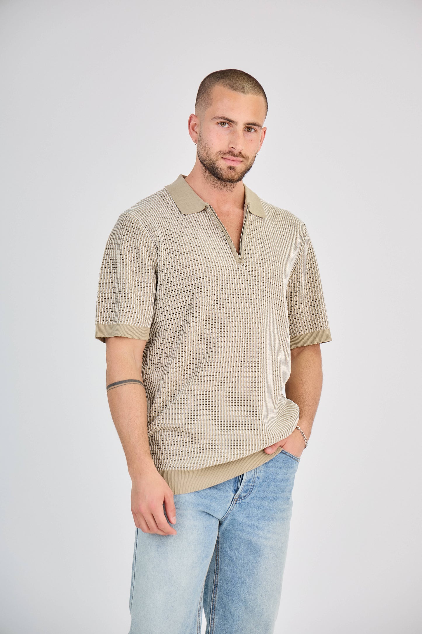 Polo zippé en maille torsadée Blanc