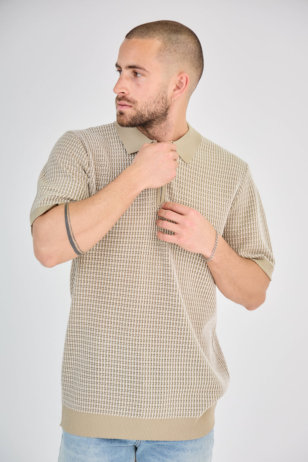 Polo zippé en maille torsadée Taupe