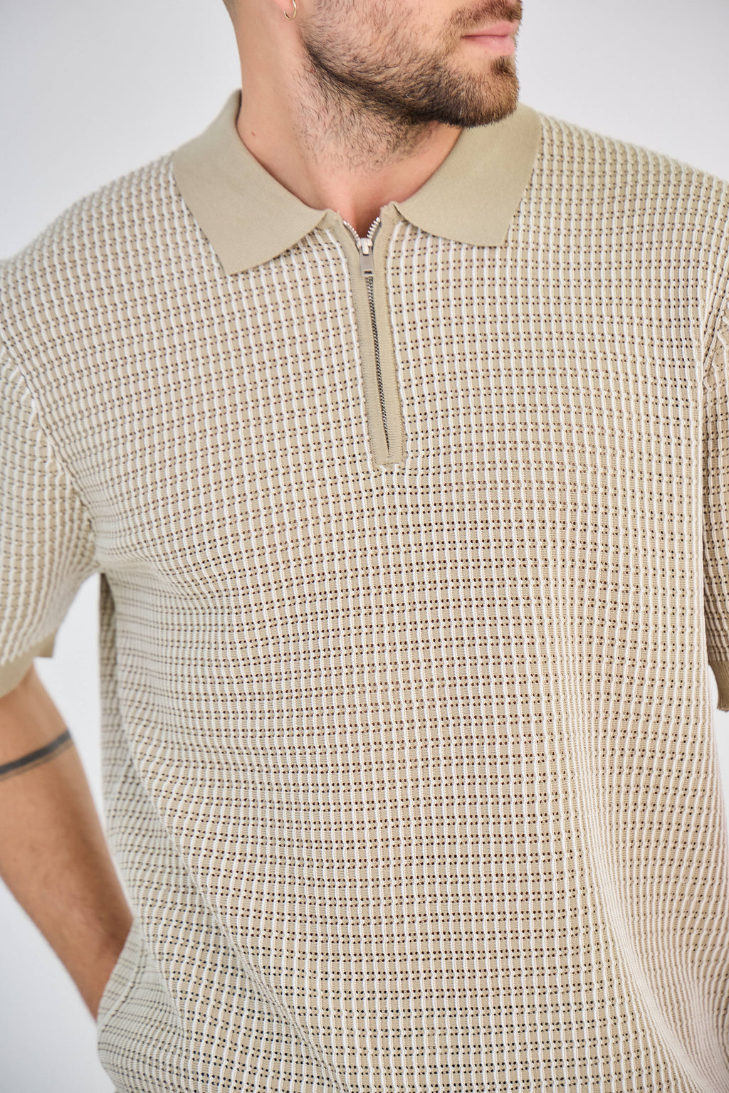 Polo zippé en maille torsadée Taupe