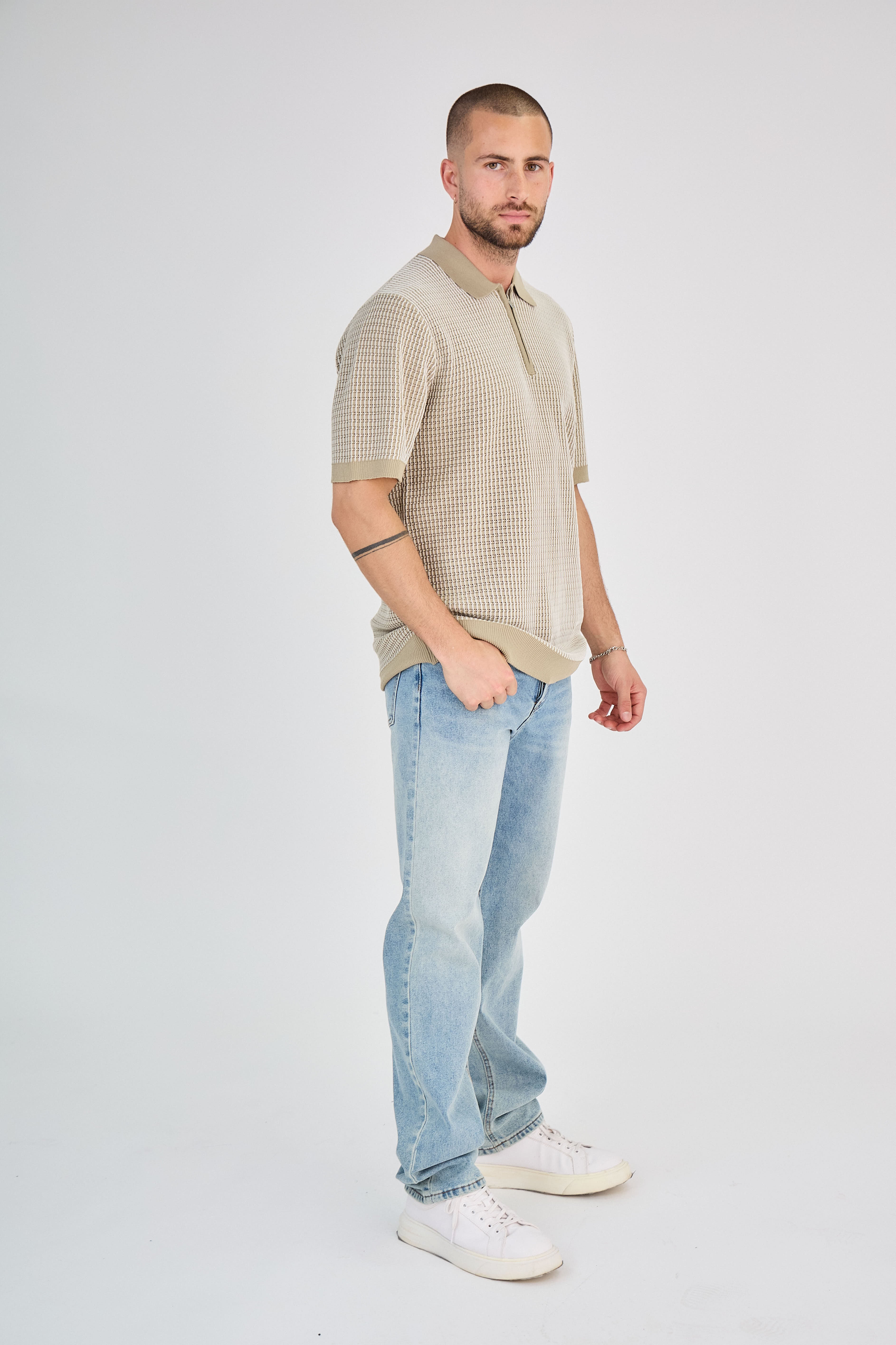 Polo zippé en maille torsadée Taupe