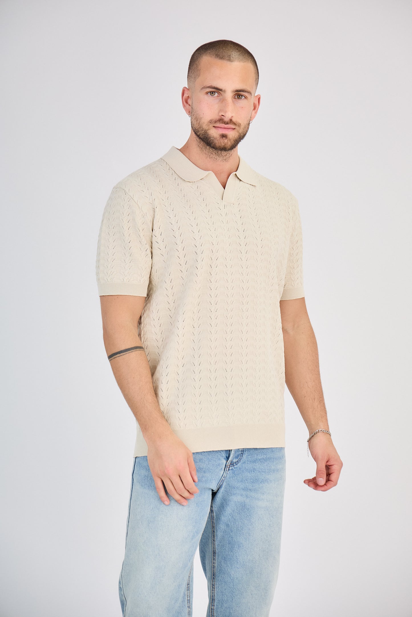 Polo Homme en Maille Ajourée - Beige