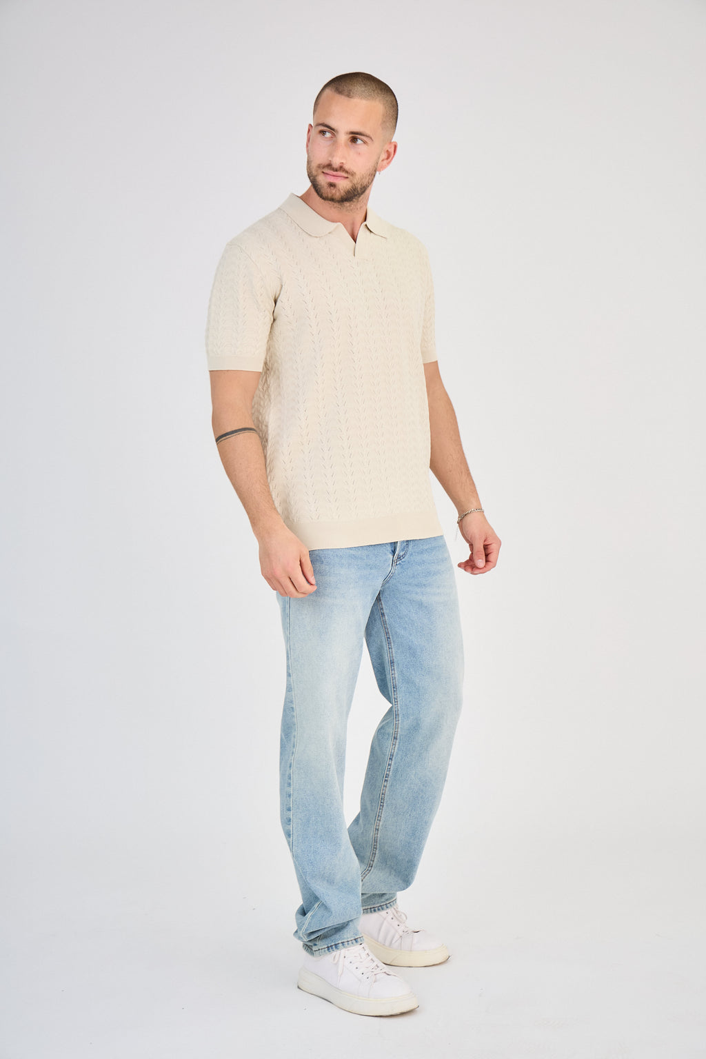 Polo Homme en Maille Ajourée - Beige