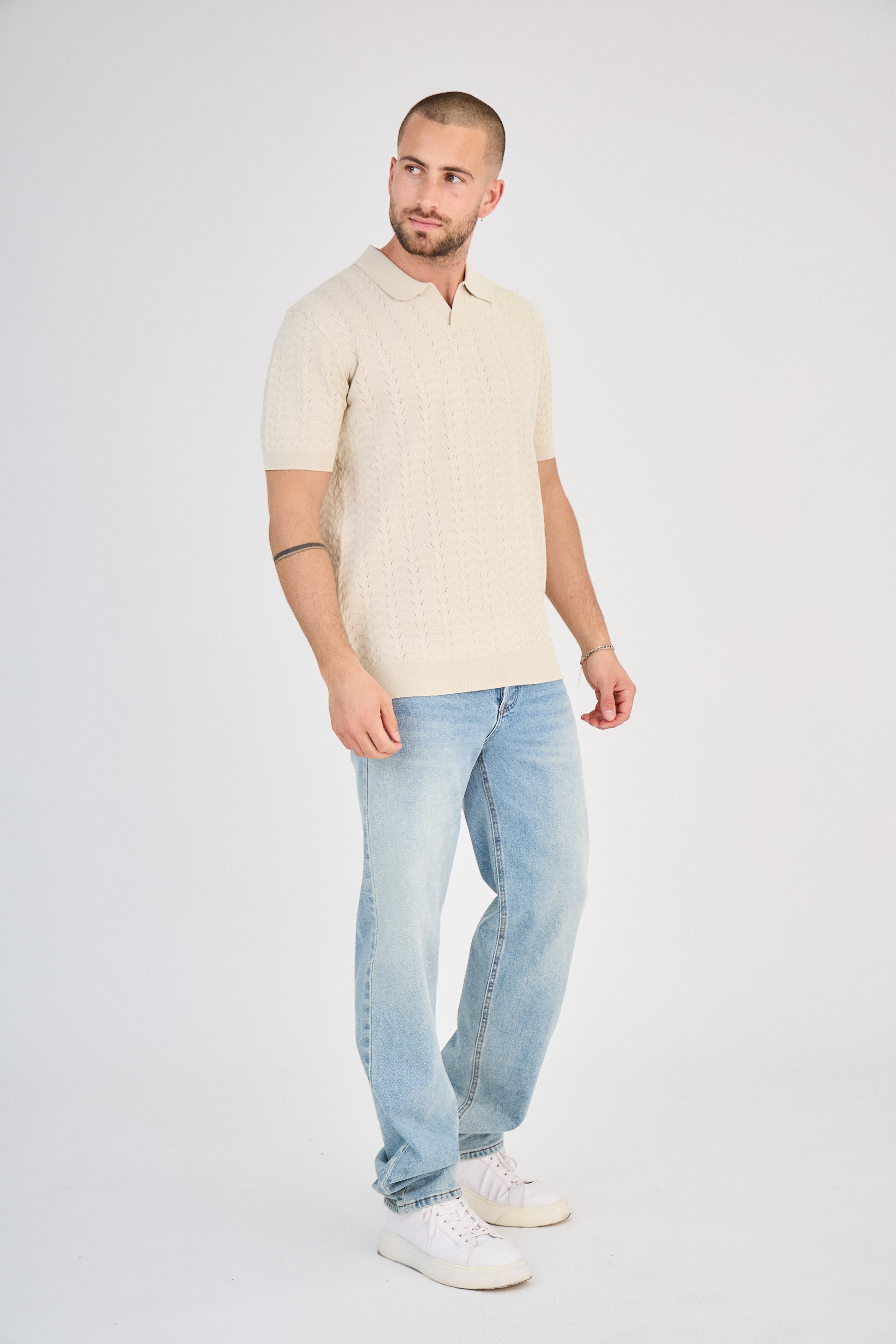 Polo Homme en Maille Ajourée - Beige