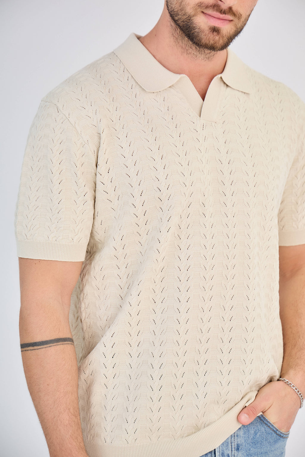 Polo Homme en Maille Ajourée - Beige